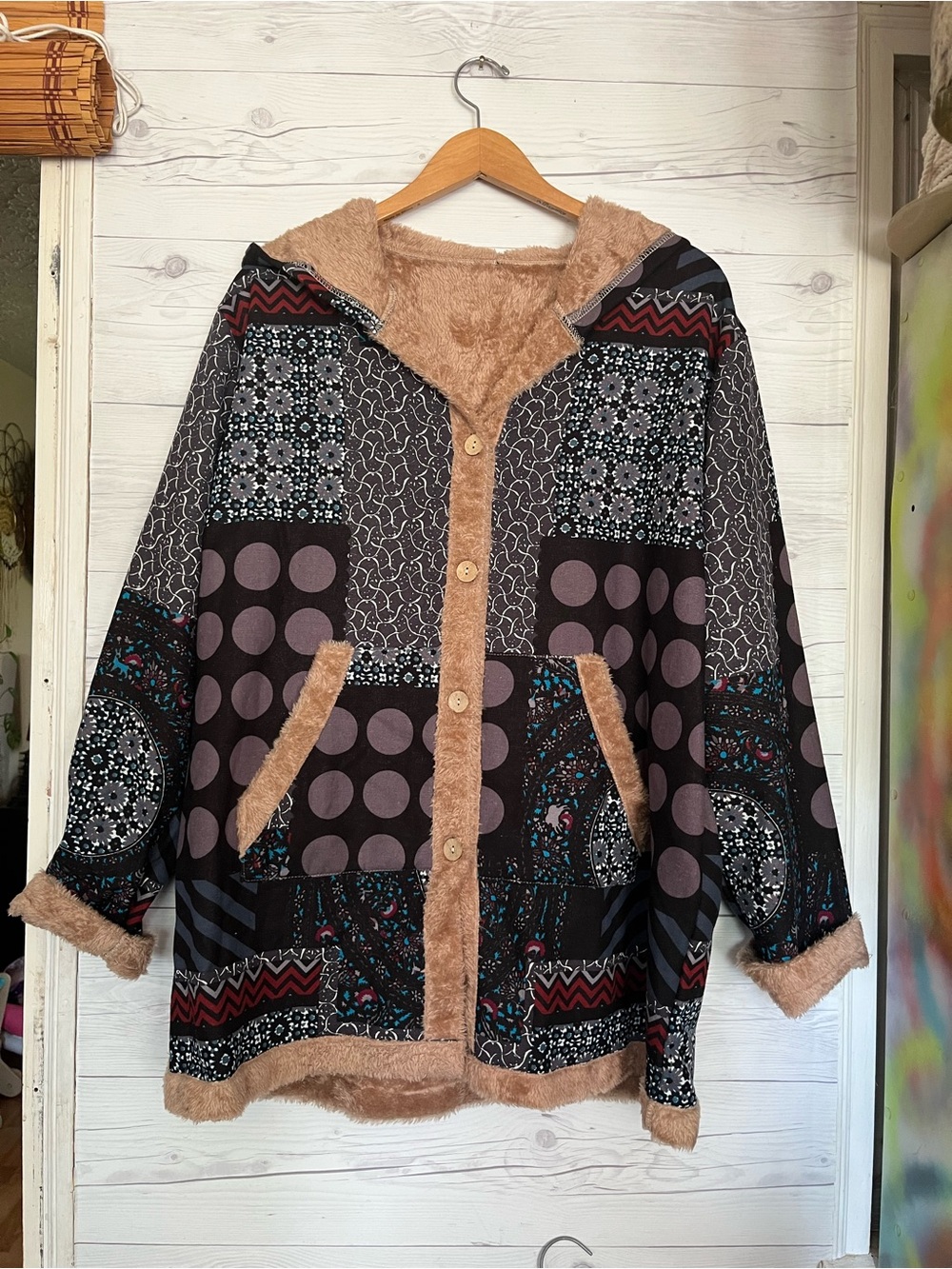 Cellabie Black Geometric Dot Patchwork Sherpa Lined Boho Artsy Hooded Jacket XL